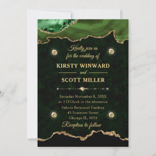 Green and Gold Glitter Agate Marble Wedding Invitation