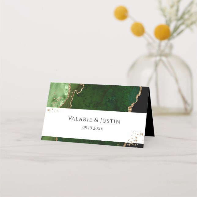 Green and Gold Glitter Agate Wedding Place Card (Front)