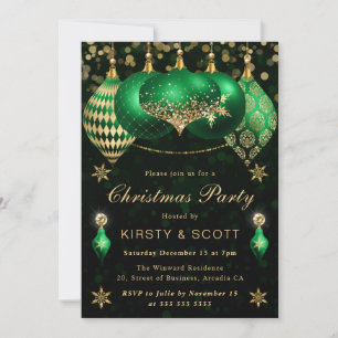 Green and Gold Glitter Baubles Christmas Party Invitation
