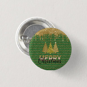Green and gold glitter christmas tree 3 cm round badge