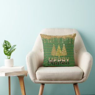 Green and gold glitter christmas tree cushion