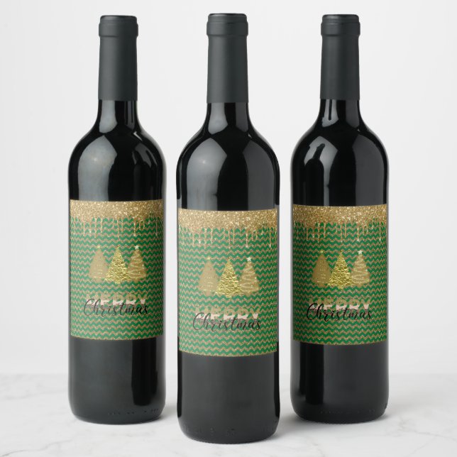 Green and gold glitter christmas tree  wine label (Bottles)