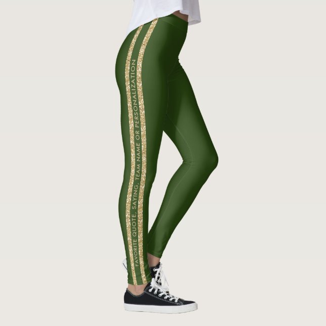 Green and Gold Glitter Custom Text Athletic Stripe Leggings (Right)