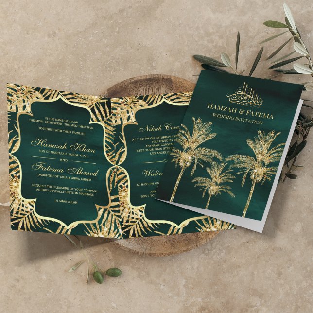 Green and Gold Glitter Date Palm Muslim Wedding Invitation (Creator Uploaded)