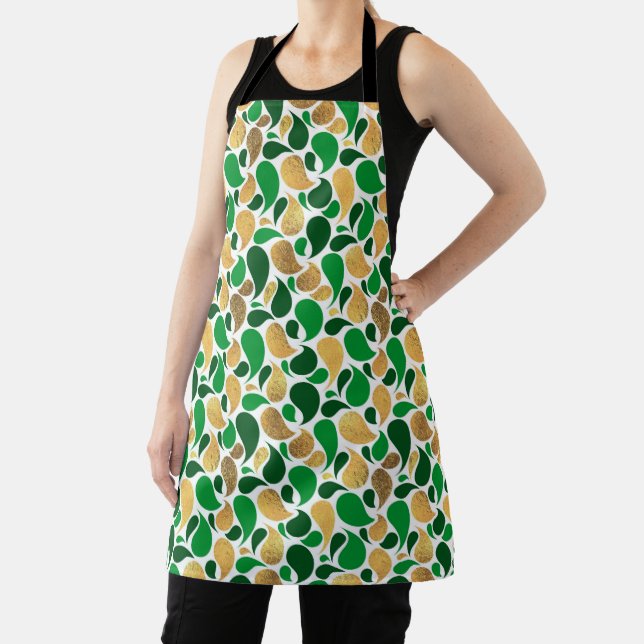 Green and Gold Glitter Festive Pattern Fusion Apron (Insitu)
