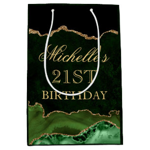 Green and Gold Glitter Marble Agate Birthday Medium Gift Bag