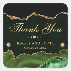 Green and Gold Glitter Marble Agate Wedding Square Sticker