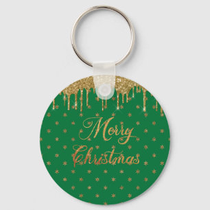 Green and gold glitter - merry christmas  key ring