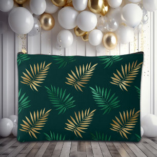 Green and Gold Glitter on Tropical Leaves Accessory Pouch