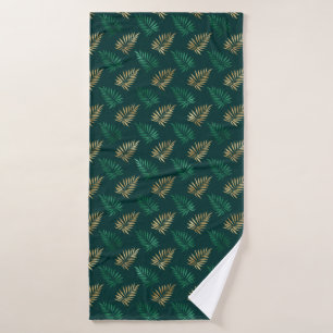Green and Gold Glitter on Tropical Leaves Bath Towel