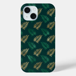 Green and Gold Glitter on Tropical Leaves iPhone 15 Case