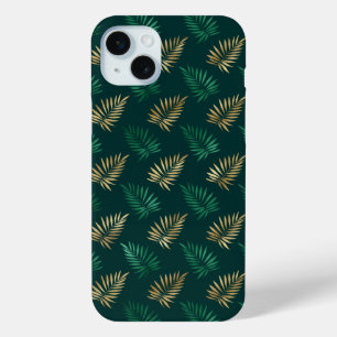 Green and Gold Glitter on Tropical Leaves iPhone 15 Mini Case