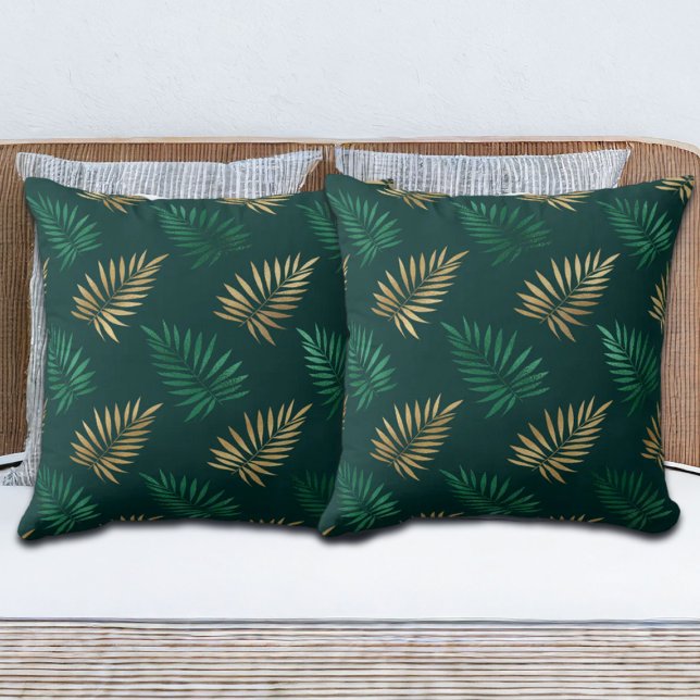 Green and Gold Glitter on Tropical Leaves Cushion (Creator Uploaded)