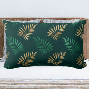 Green and Gold Glitter on Tropical Leaves Lumbar Cushion