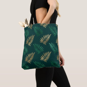 Green and Gold Glitter on Tropical Leaves Tote Bag