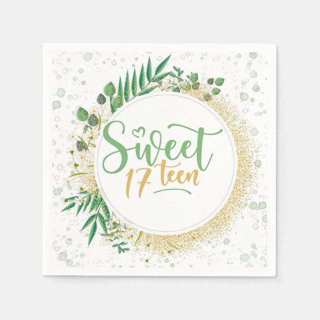Green and Gold Glitter Sweet 17th Birthday Party Napkin (Front)