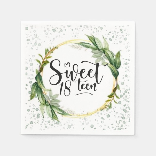 Green and Gold Glitter Sweet 18th Birthday Party Napkin (Front)