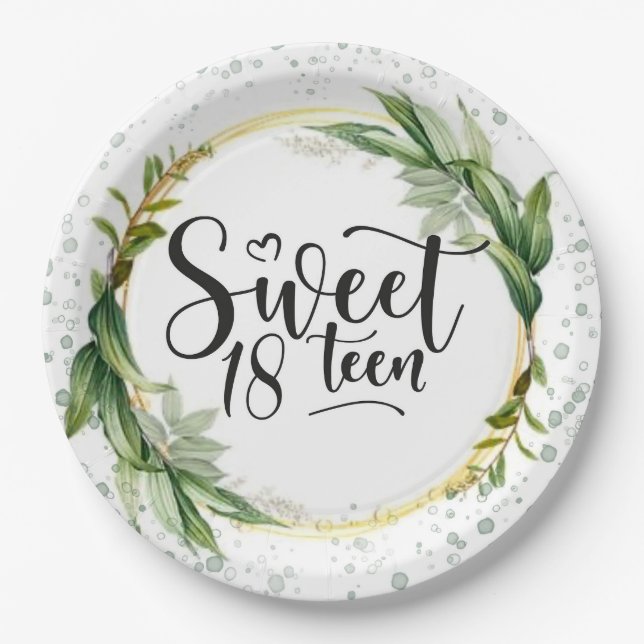 Green and Gold Glitter Sweet 18th Birthday Party Paper Plate (Front)