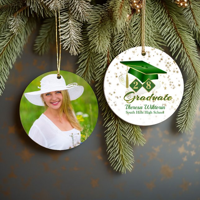 Green and Gold Graduate Photo Ceramic Tree Decoration (Green and Gold Graduate Photo Ceramic Ornament)