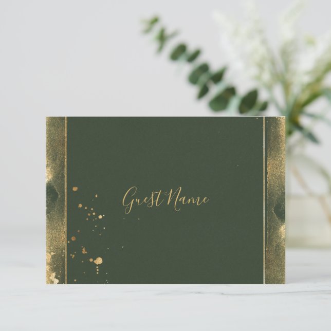 Green and gold guest name place card (Standing Front)