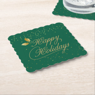 Green and Gold Happy Holidays Entertaining Paper Coaster