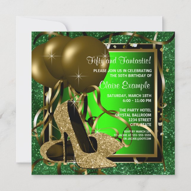Green and Gold High Heels Womans Birthday Party Invitation (Front)