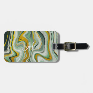 Green and Gold Kintsugi Agate Marble Abstract Luggage Tag