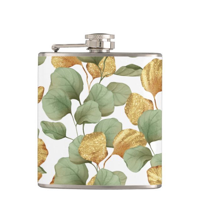 Green and Gold Leaves Pattern  Hip Flask (Front)