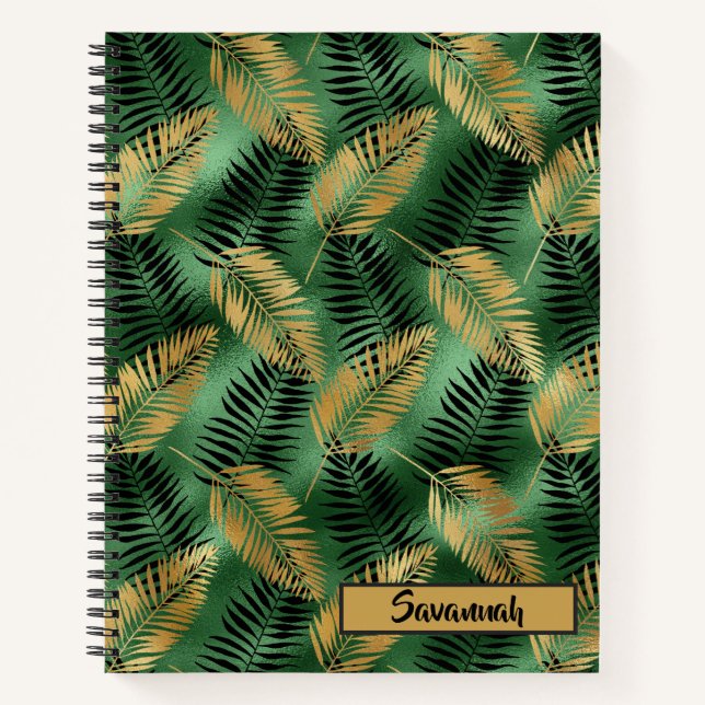 Green and Gold Leaves Pattern Monogram Notebook (Front)