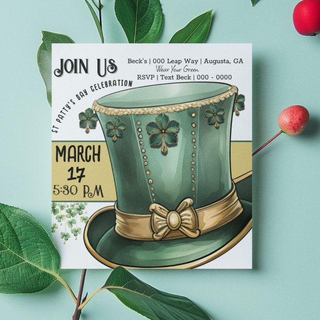 Green and Gold Leprechaun Top Hat St Paddy's Day Invitation (St Paddy's Day customizable invitation featuring a cute top hat and fun jeweled shamrocks)