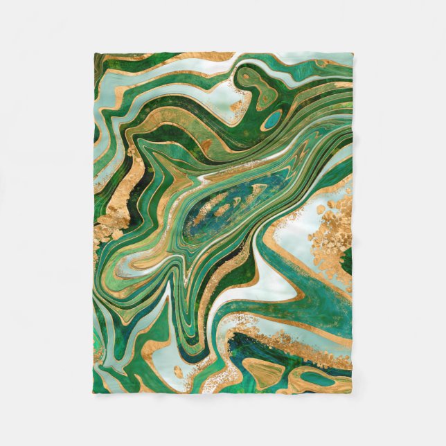 Green and gold liquid marble abstract fleece blanket (Front)