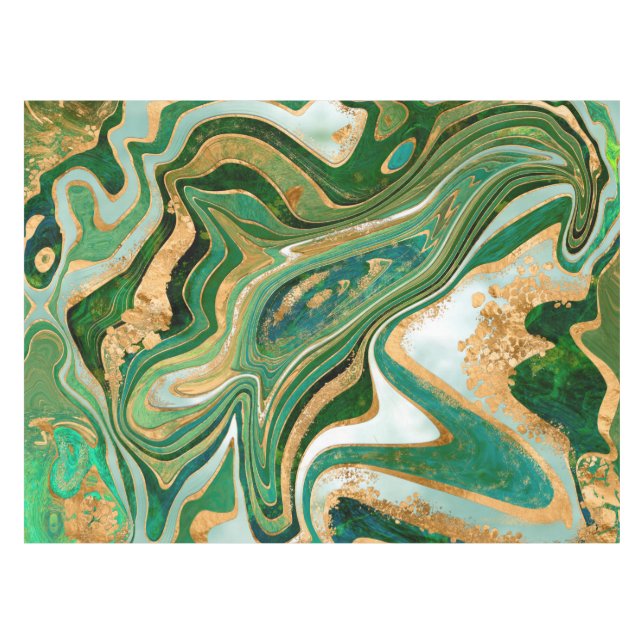 Green and gold liquid marble abstract tablecloth (Front (Horizontal))