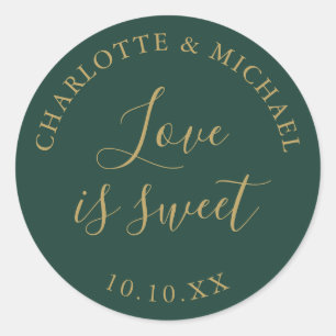Green And Gold Love Is Sweet Wedding Favor  Classic Round Sticker