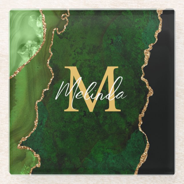 Green and Gold Marble Agate Glass Coaster (Front)