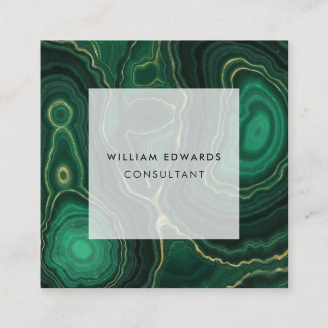 Green and Gold Marble Malachite Stone Square Business Card (Front)