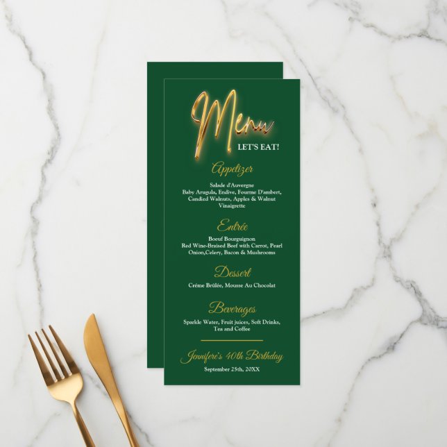 Green and Gold Menu 3d Gold Tex Minimalist Design (Front/Back In Situ)