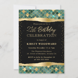Green and Gold Mermaid Scales 21st Birthday Invitation