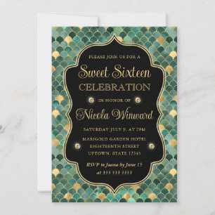 Green and Gold Mermaid Scales Frame Sweet 16 Invitation