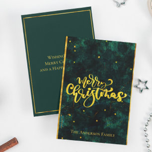 Green and Gold Merry Christmas Elegant Script Holiday Card