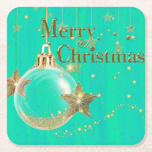 Green and Gold Merry Christmas Paper Coaster (Front)