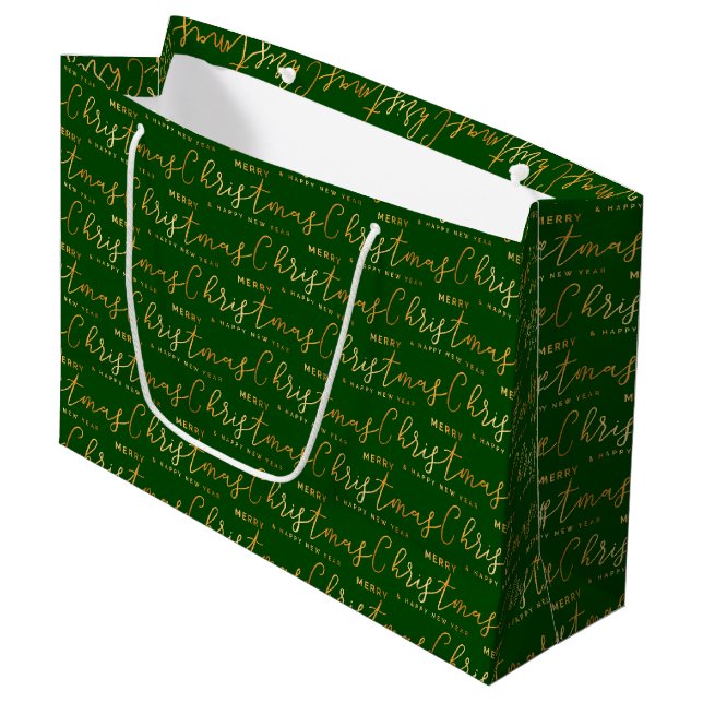 Green and Gold Merry Christmas Word Art Large Gift Bag (Front Angled)