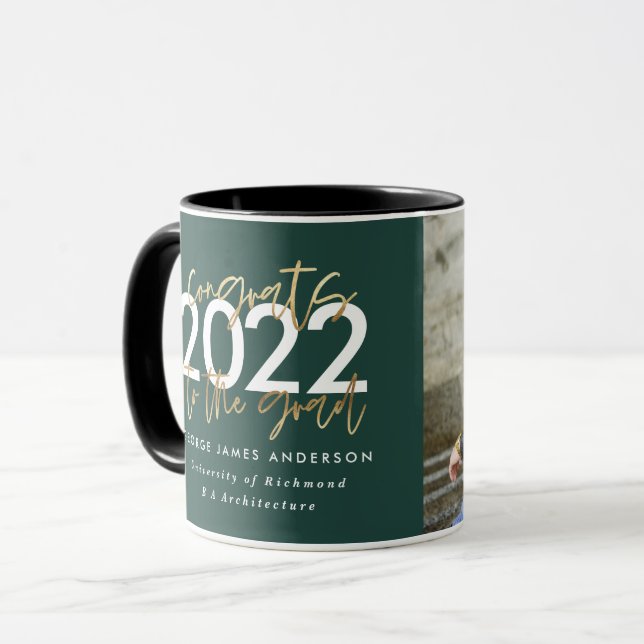 green and gold modern script photo graduation mug (Front Left)