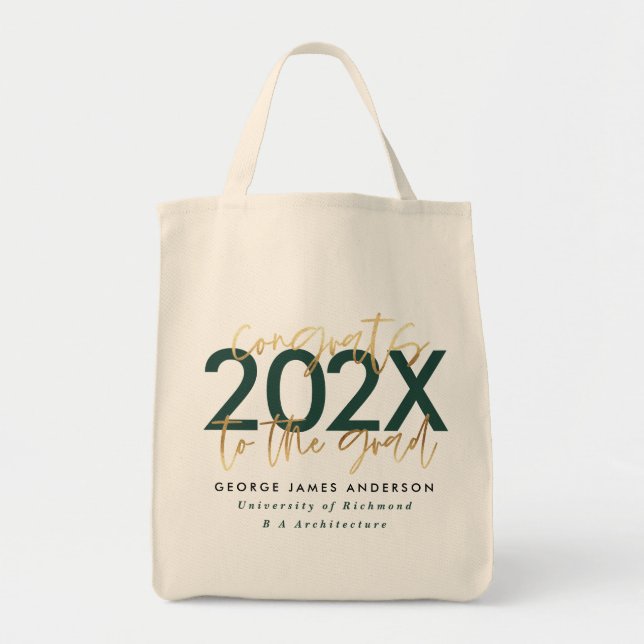 green and gold modern script stylish graduation tote bag (Front)