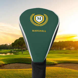 Green and Gold Monogram Logo Crest Golf Head Cover