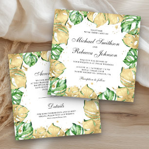 Green and Gold Monstera Palm All in One Wedding Invitation