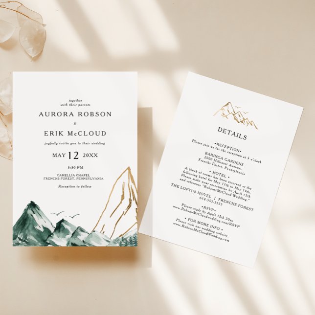 Green and Gold Mountain All In One Wedding Invitation (Creator Uploaded)
