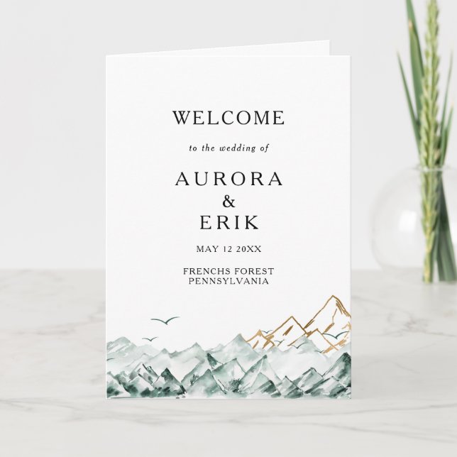 Green and Gold Mountain Folded Wedding Program Programme (Front)