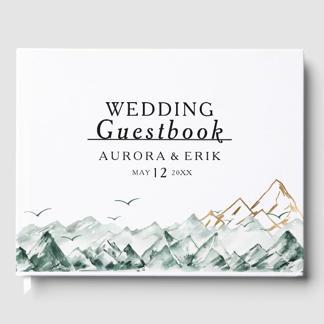 Green and Gold Mountain Range Wedding Guest Book (Front)