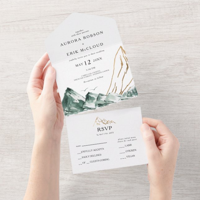 Green and Gold Mountain Seal And Send All In One Invitation (Tearaway)