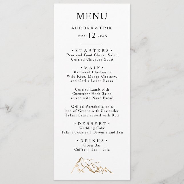 Green and Gold Mountain Wedding Dinner Menu (Front)
